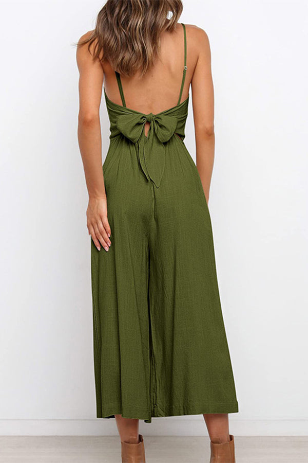 Solid Tie Backless Cropped Jumpsuits