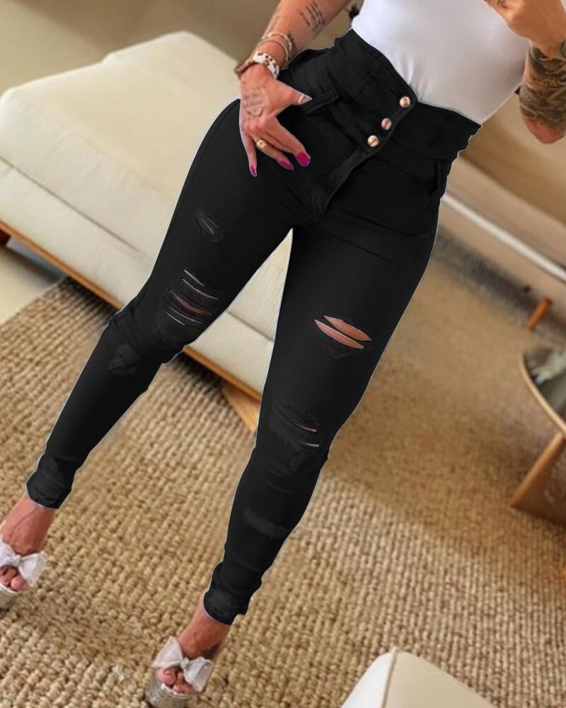 Pantalon Jean Déchiré Extensible Taille Haute Sexy