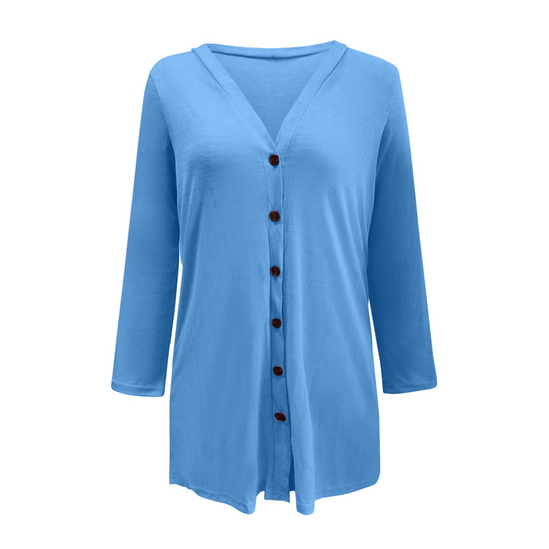 Top Ample Boutonné Col V Couleur Unie