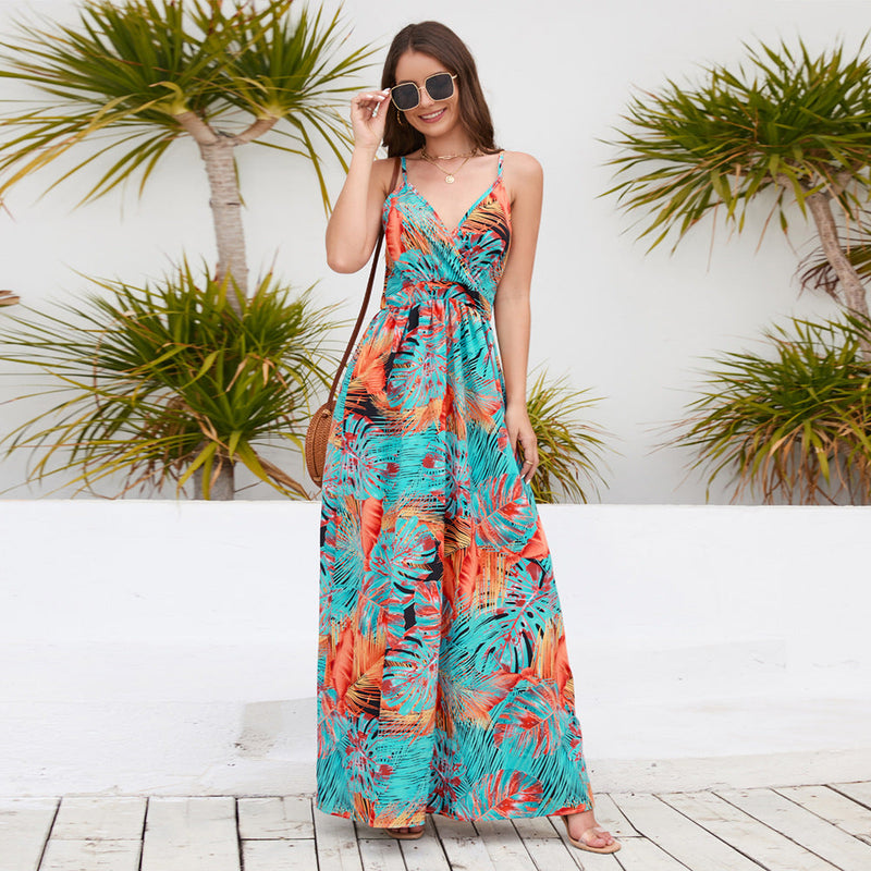 Robe Maxi Plissée Imprimée Col V Bretelles Spaghetti