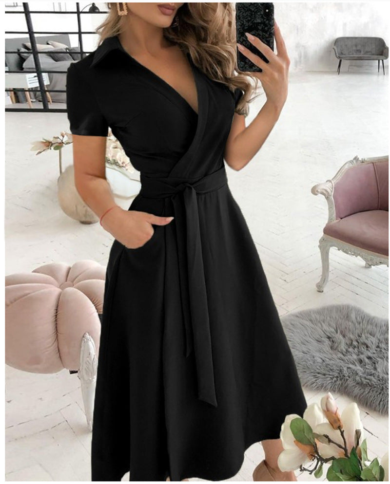 Robe Midi Manches Courtes Col en V Croisé