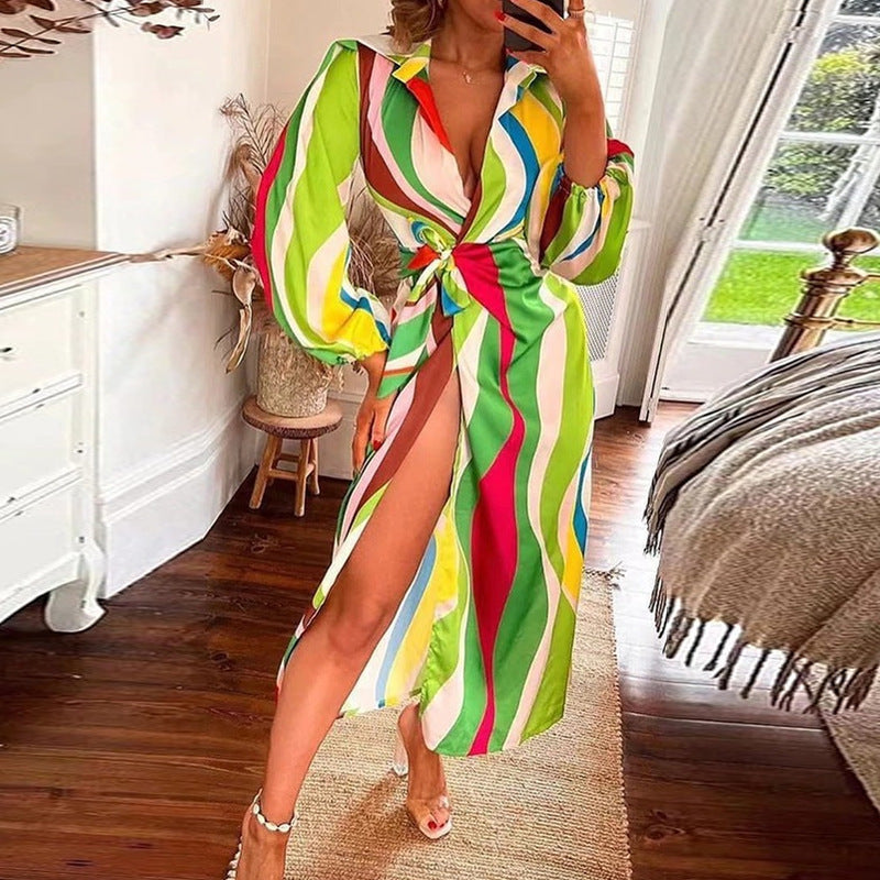 Casual Deep V Neck Long Sleeve SIde Split Maxi Dress