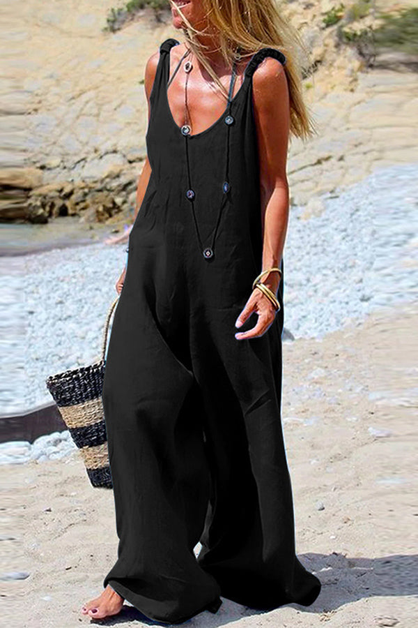 Solid V Neck Wide Leg Slip Jumpsuits