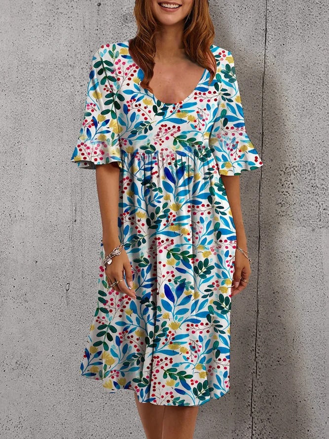 Robe Midi Fleurie Encolure Dégagée Manches Courtes