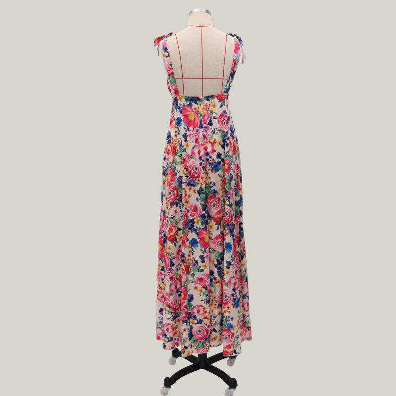 Robe Longue Dos Nu Bretelles Ajustables Col en V Profond Floral