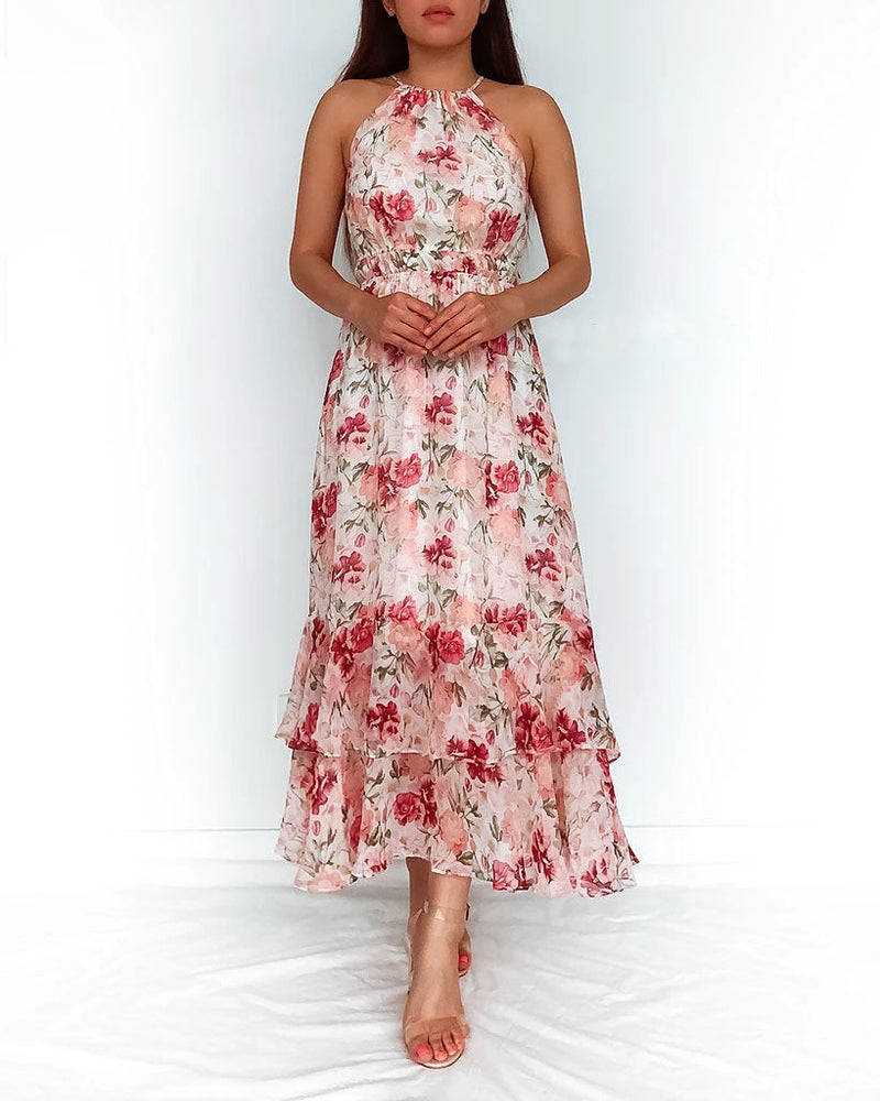 Longue Robe Imprimée Floral Col Rond Sans Manches