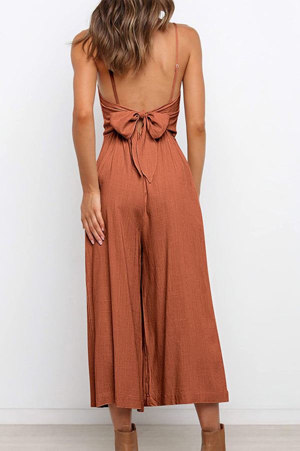 Solid Tie Backless Cropped Jumpsuits