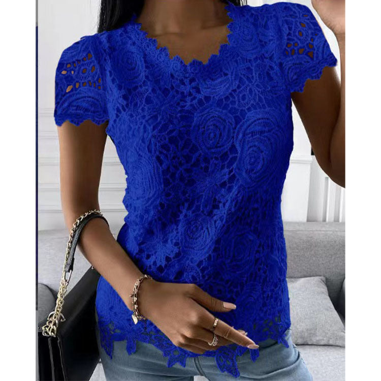 Fashion Short Sleeve Lace Round Neck Top