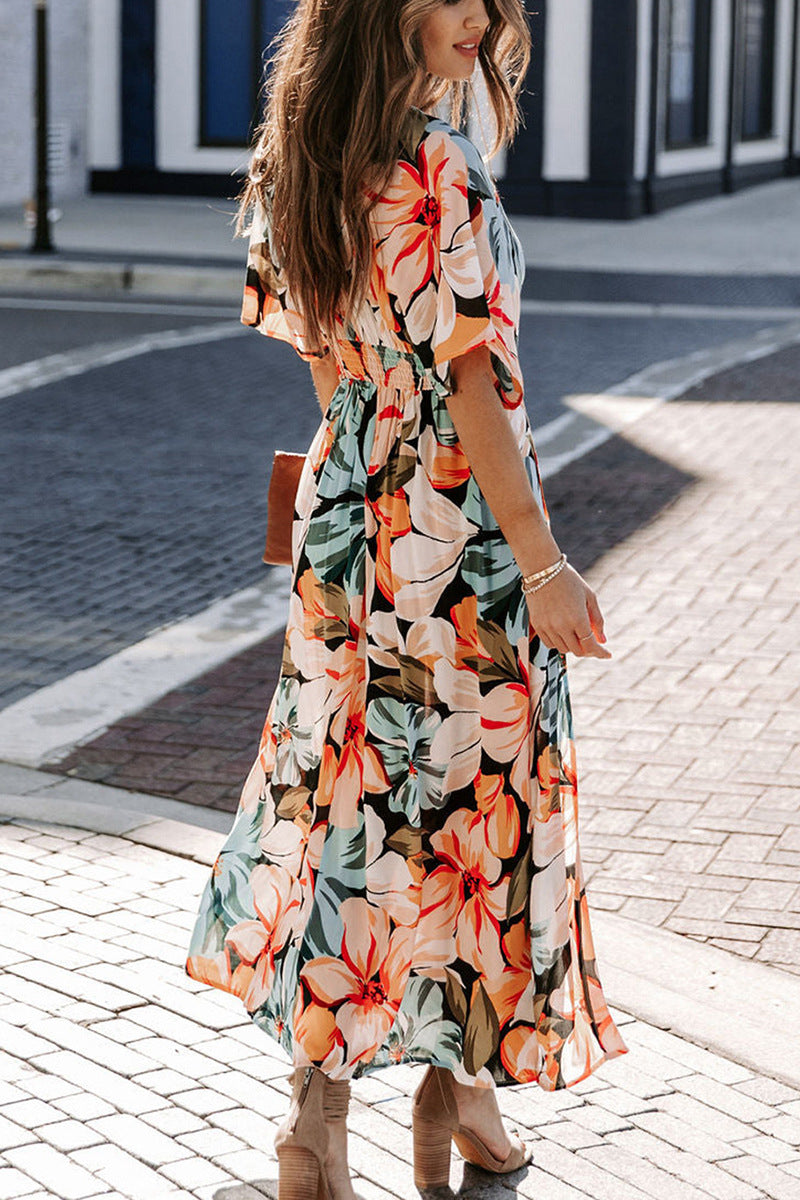 Robe Longue Fendue Côté à Col en V Floral