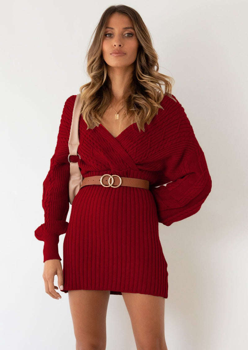 Cross V Neck Long Sleeve Knitted Sweater Dress