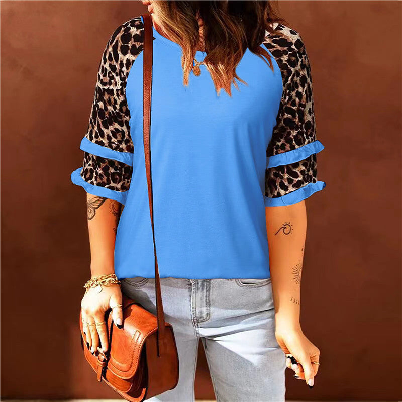 Leopard Sleeve Round Neck Classic Blouse Top