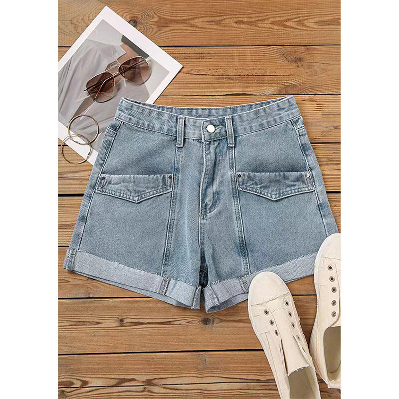 Short Jean Extensible Décontracté Taille Haute avec Poches