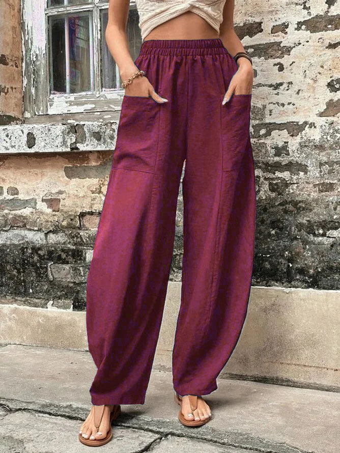 Pantalon Décontracté Couleur Unie Taille Haute avec Poches