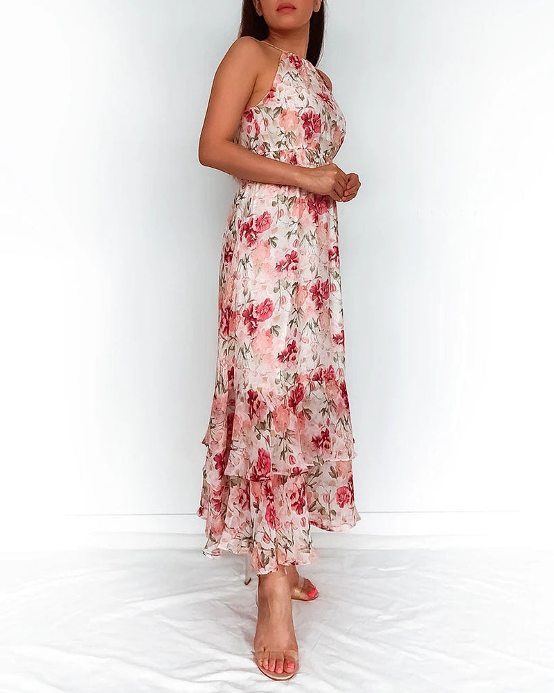 Longue Robe Imprimée Floral Col Rond Sans Manches