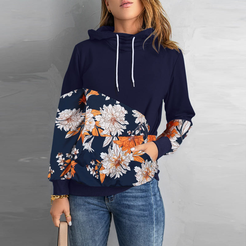 Pull avec Cordon de Serrage Imprimé Floral Manches Longues Col Rond