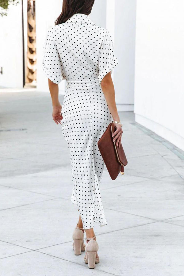 Polka Dot Tie Front Midi Shirt Dress