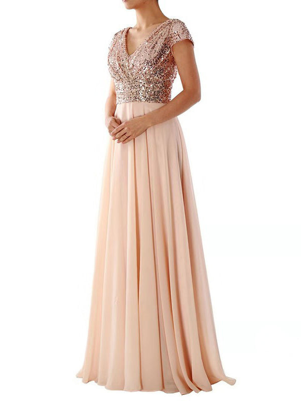 Women's Dresses V Neck Sequin Chiffon Panel Maxi Dress