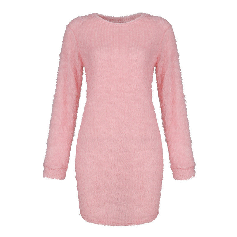 Long Sleeve Round Neck Fluffy Sweater Dress