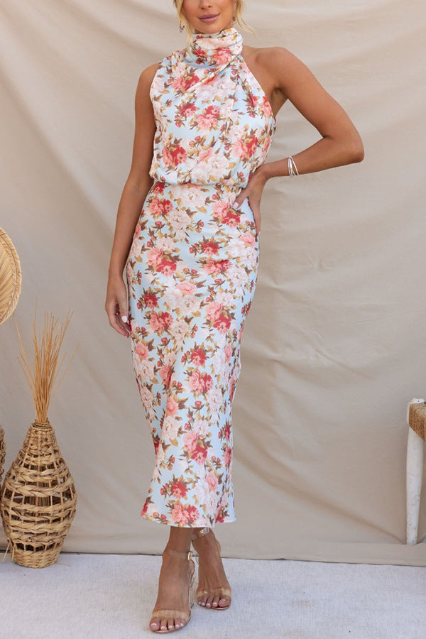 Robe Mi-Longue Imprimée Floral Taille Haute Sans Manches Col Roulé