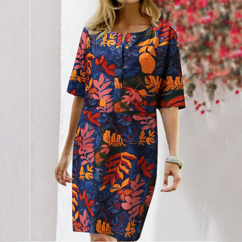 Robe Midi Col Rond Manches Courtes à Fleurs