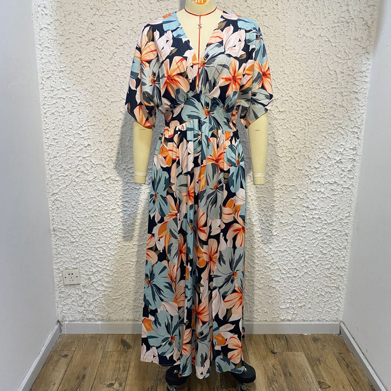 Robe Longue Fendue Côté à Col en V Floral