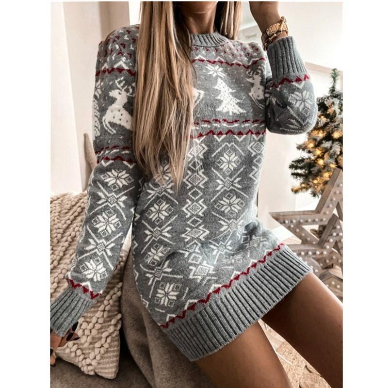 Pull Long en Maille Col Rond Imprimé de Noël