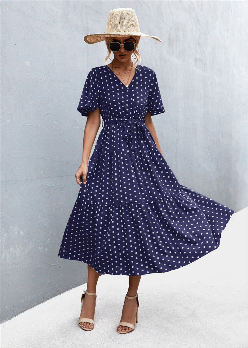 Robe Longue à Pois Col en V Manches Courtes et Taille Élastique