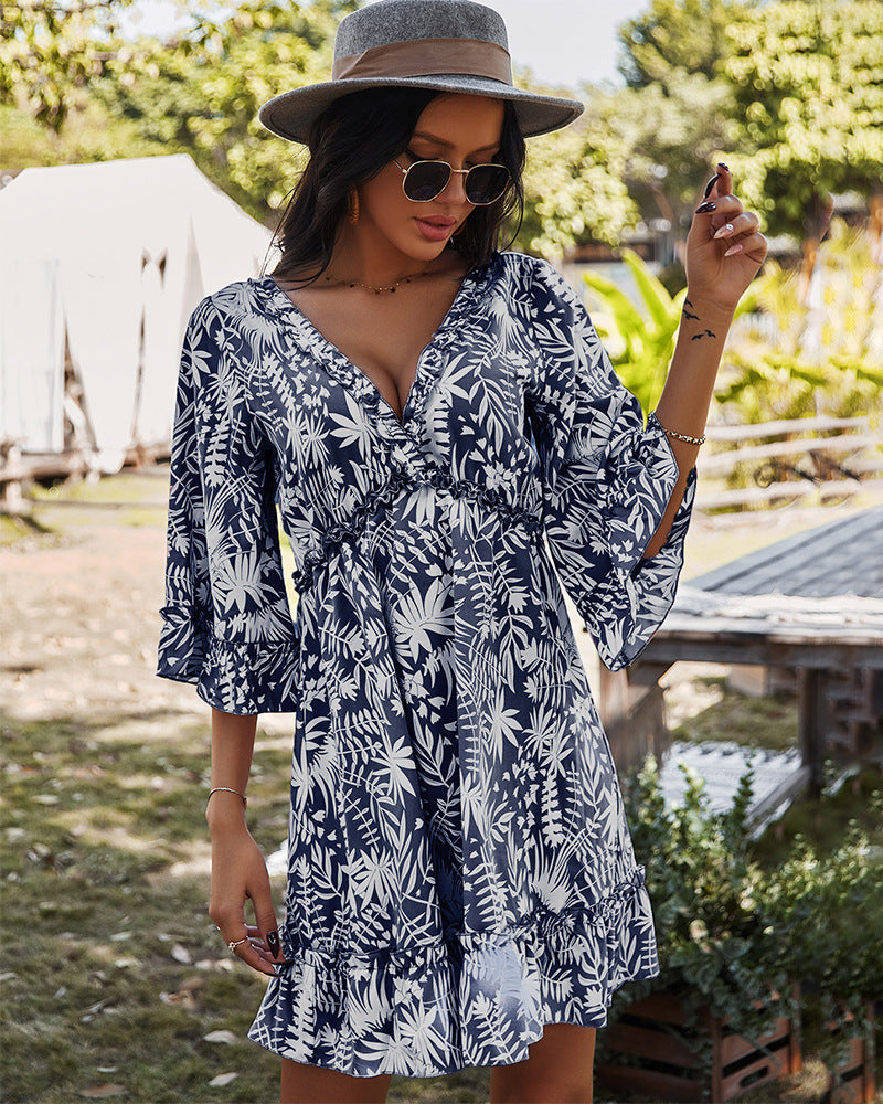 Robe Floral Manches Courtes en Col V Profond