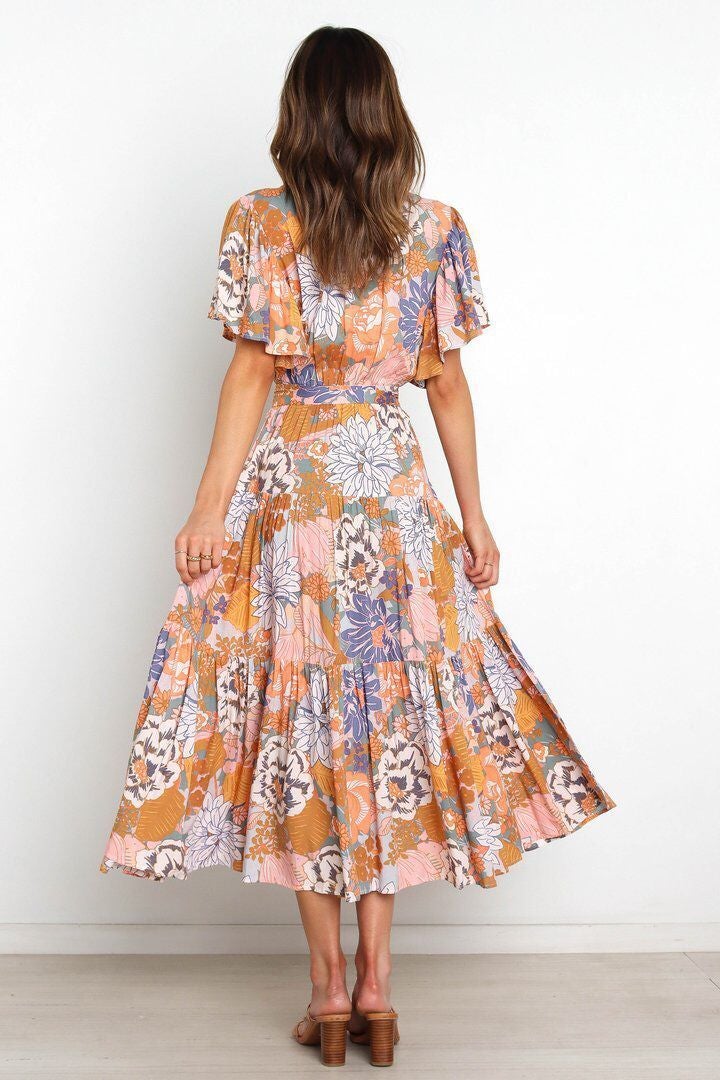 Robe Longue Floral Manches Courtes Col V