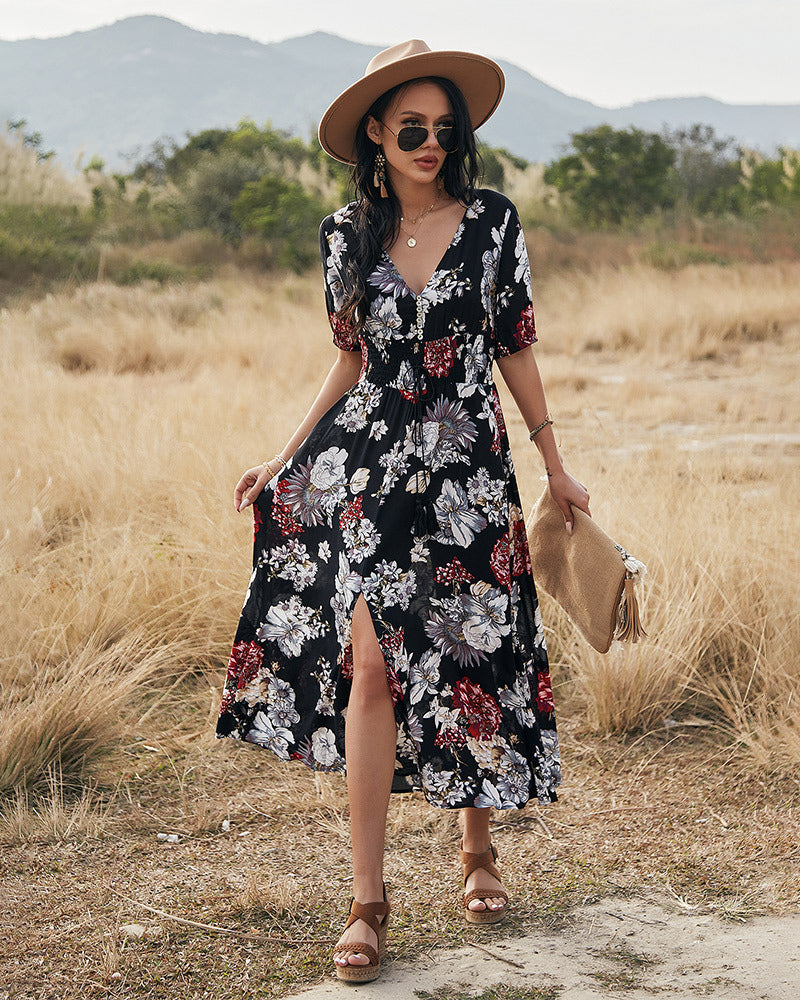 Robe Longue Manches Courtes et Col en V Floral