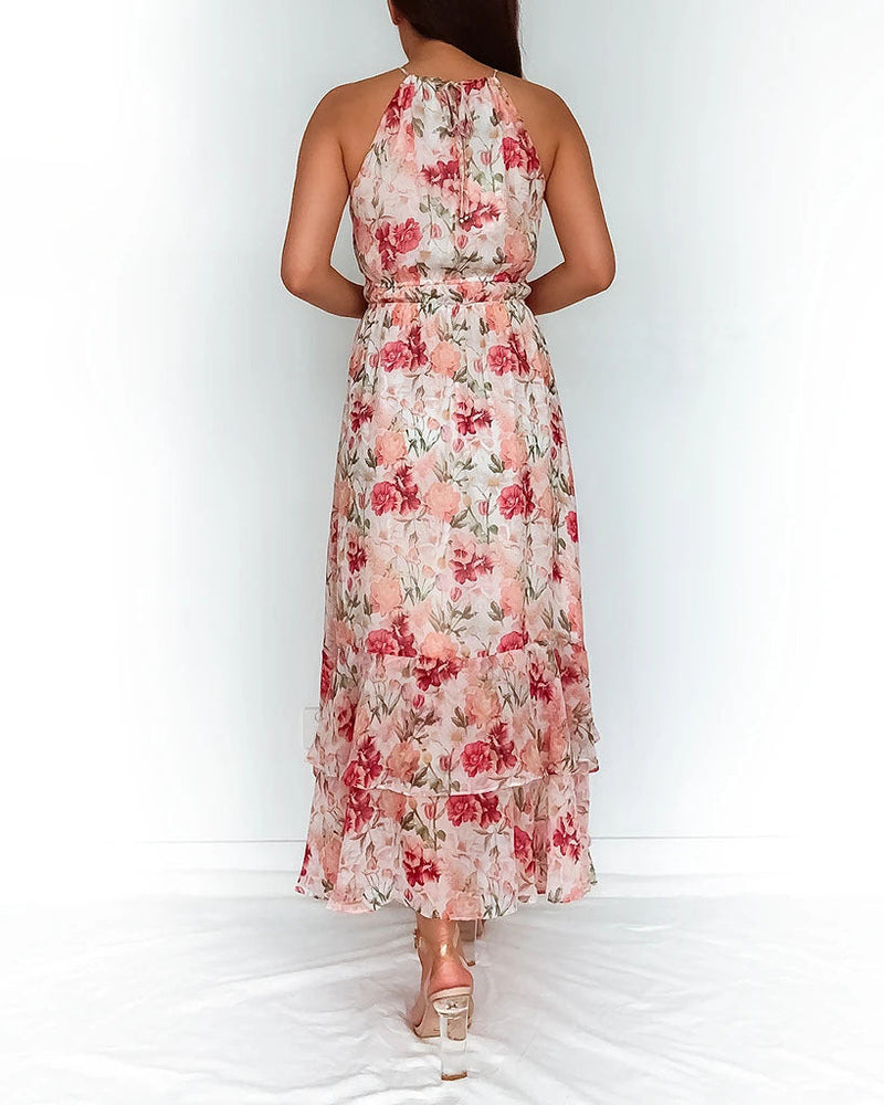 Longue Robe Imprimée Floral Col Rond Sans Manches