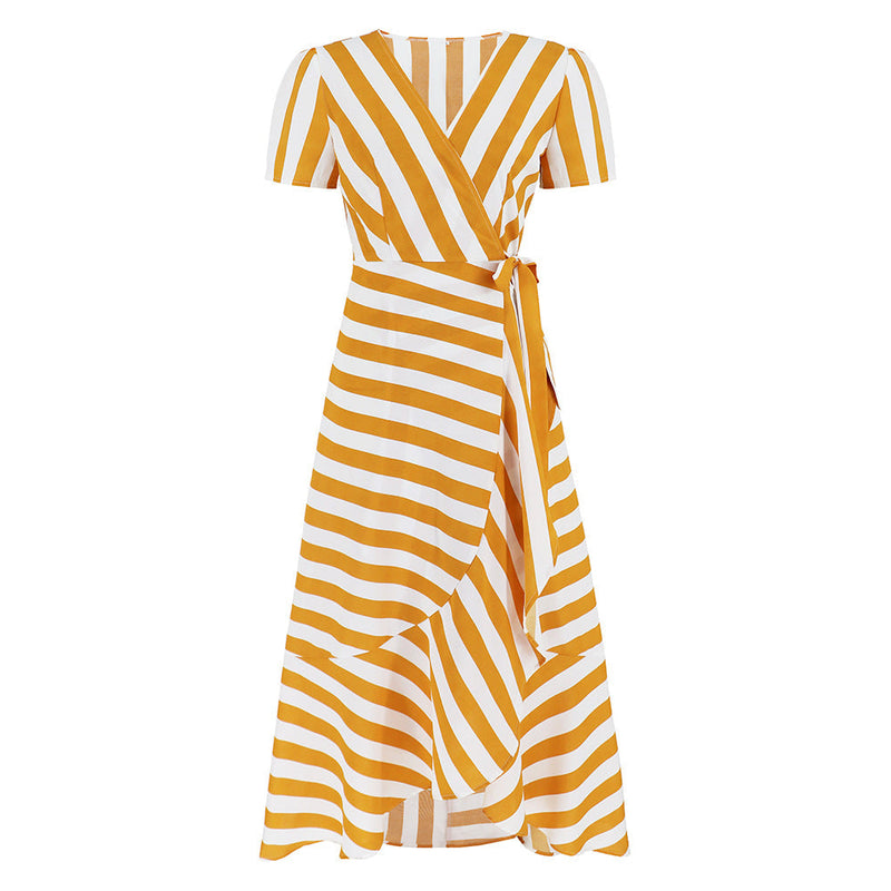 Fashion V-Neck Short Sleeve Striped Loose Maxi Dress