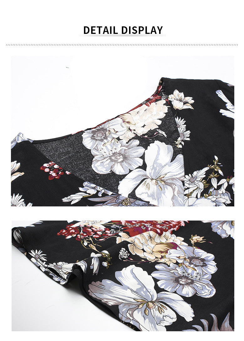 Robe Longue Manches Courtes et Col en V Floral