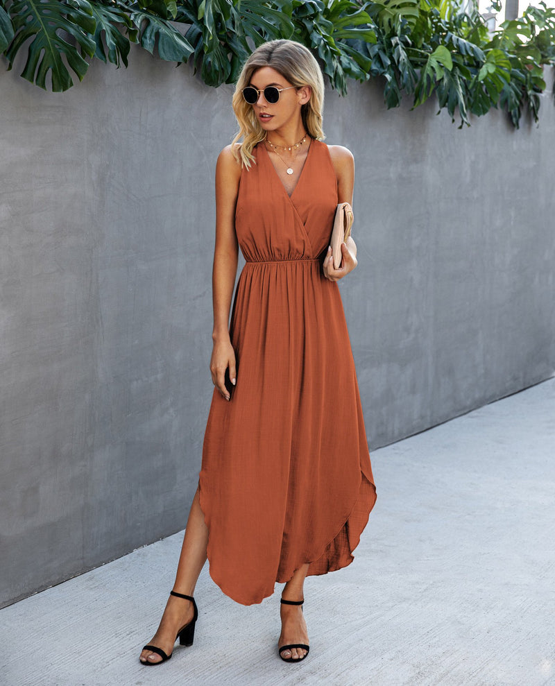 Robe Maxi Fendue Côté Sans Manches Col en V