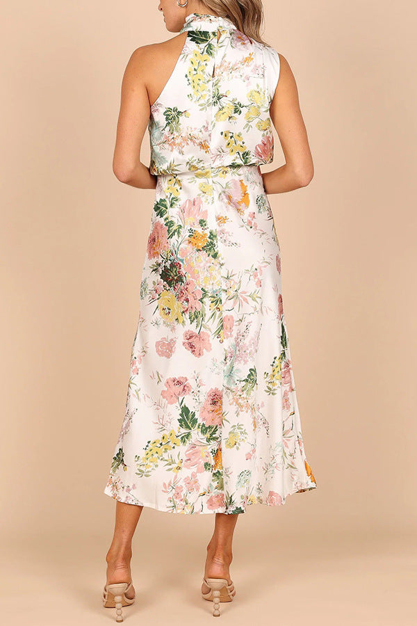 Robe Mi-Longue Imprimée Floral Taille Haute Sans Manches Col Roulé