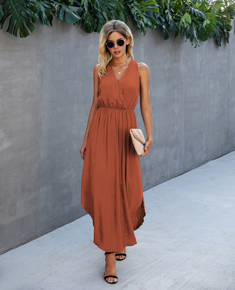 Robe Maxi Fendue Côté Sans Manches Col en V