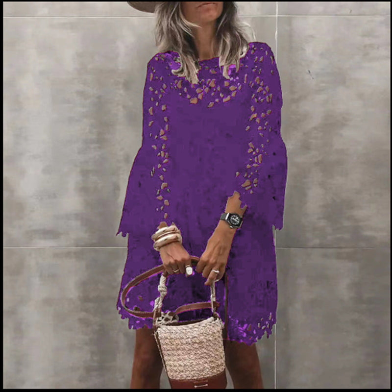 Round Neck Long Sleeve Lace Mini Dress