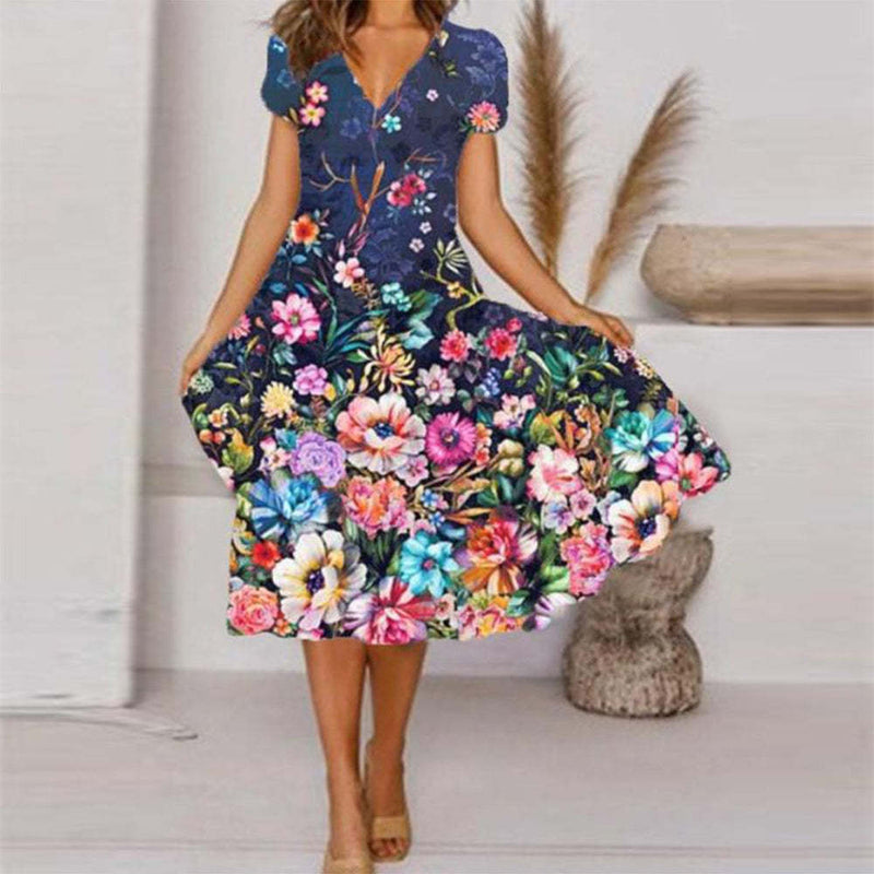 Robe Mi-longue Evasée Imprimé Floral Manches Courtes Col V