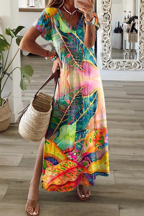 Robe Maxi Fendue Col en V Imprimé Ambilight