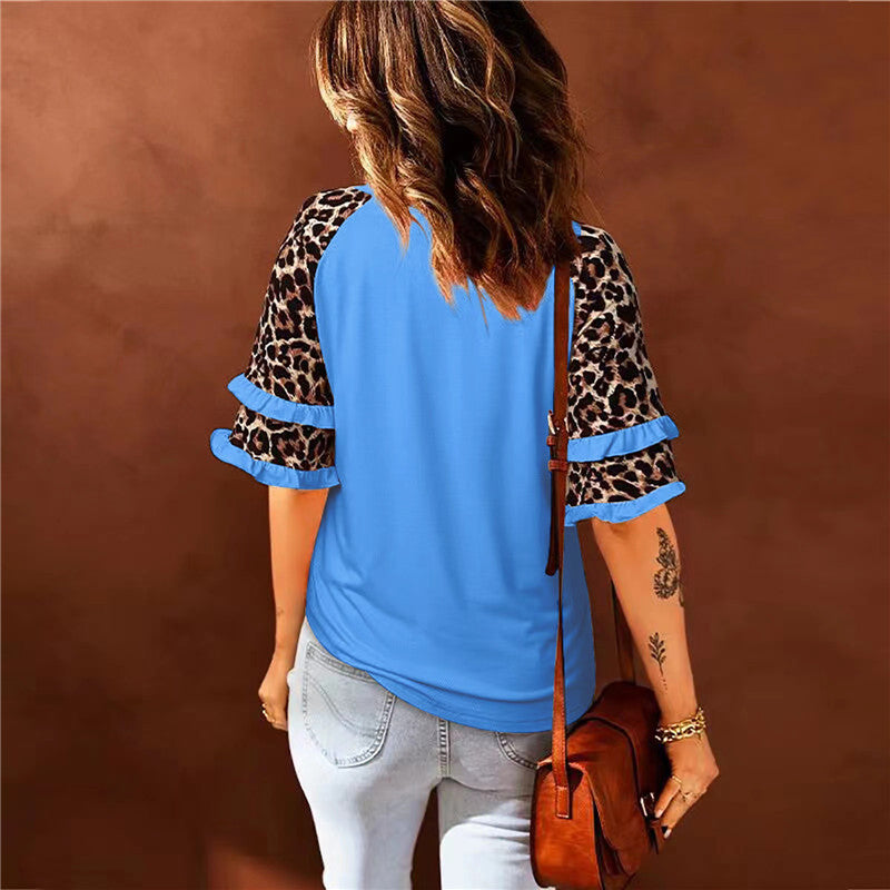 Leopard Sleeve Round Neck Classic Blouse Top