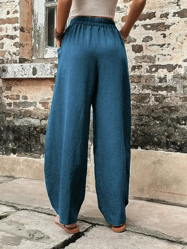 Pantalon Décontracté Couleur Unie Taille Haute avec Poches