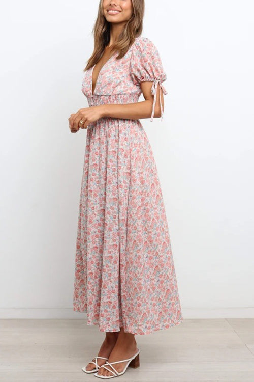 Robe Maxi Taille Froncée Col en V