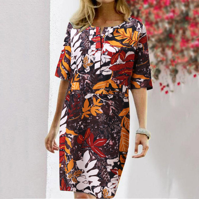 Robe Midi Col Rond Manches Courtes à Fleurs