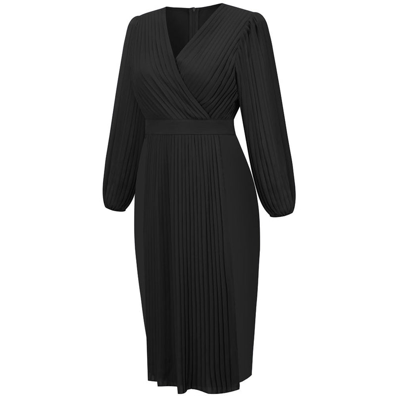 Robe Mi-Longue Taille Haute à Col en V et Manches Longues