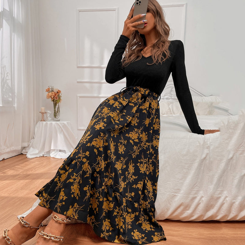 Robe Maxi Fleurie Décontractée Manches Longues