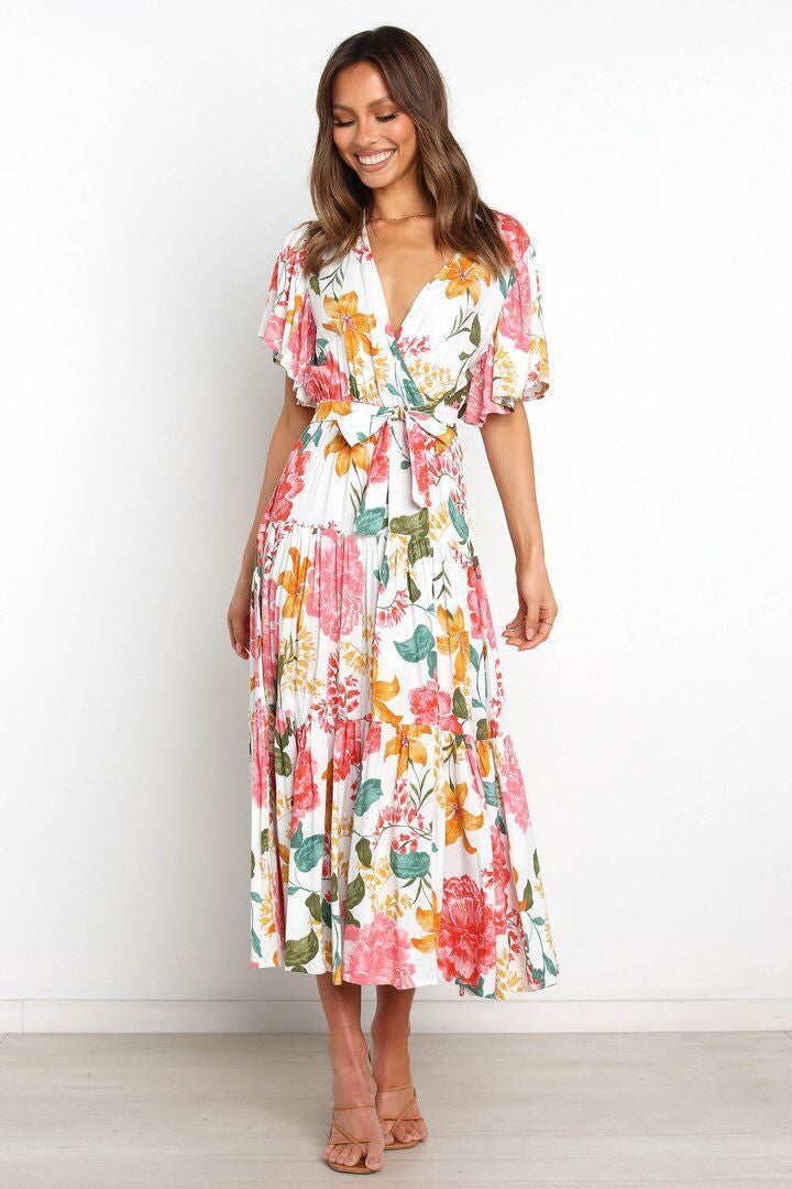 Robe Longue Floral Manches Courtes Col V