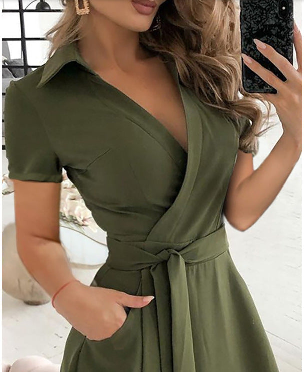 Robe Midi Manches Courtes Col en V Croisé