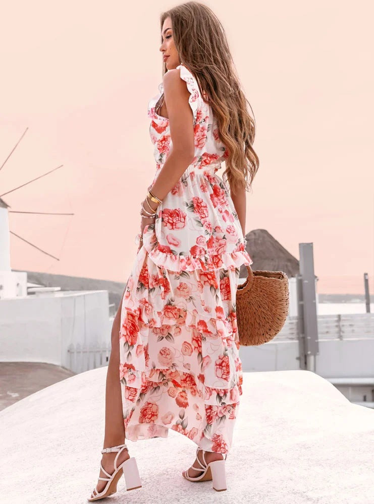 Sleeveless Deep V Neck Floral Deep V Neck Dress