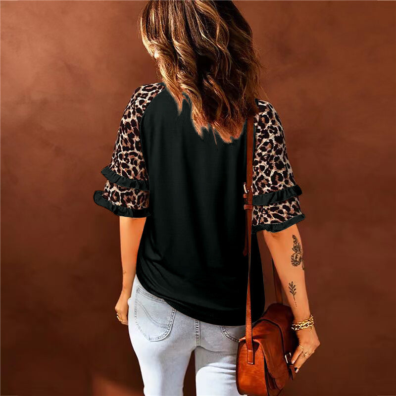 Leopard Sleeve Round Neck Classic Blouse Top