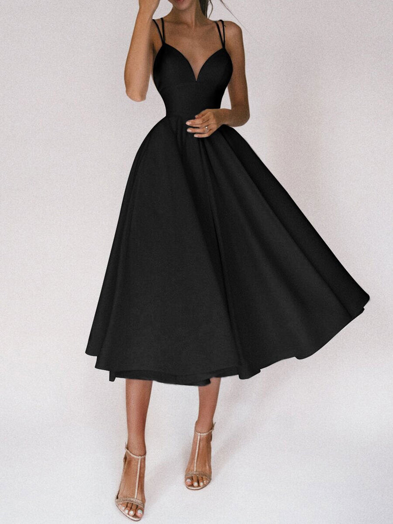 Robe Midi Evasée Unie Bretelles Spaghetti Col en V